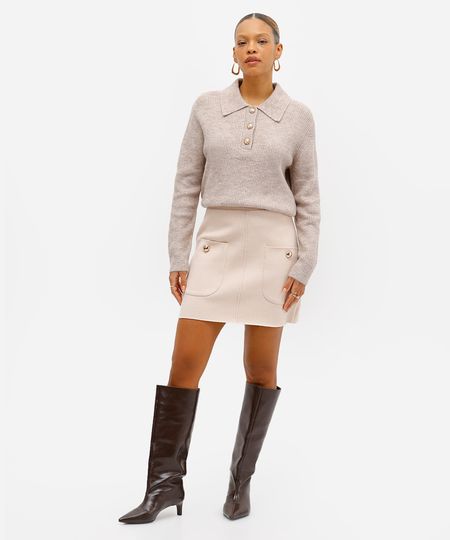 saia curta feminina tricot com bolso bege 36