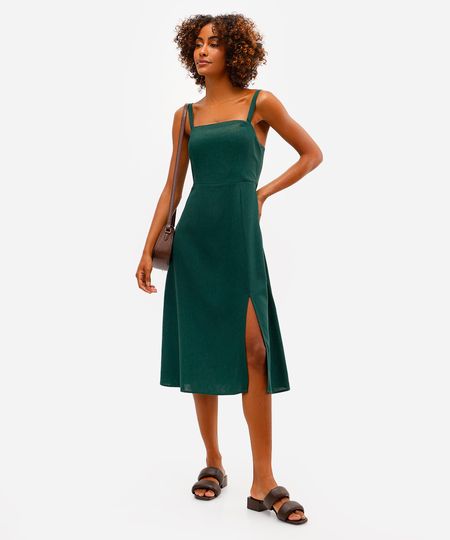 vestido midi feminino com linho e fenda verde P