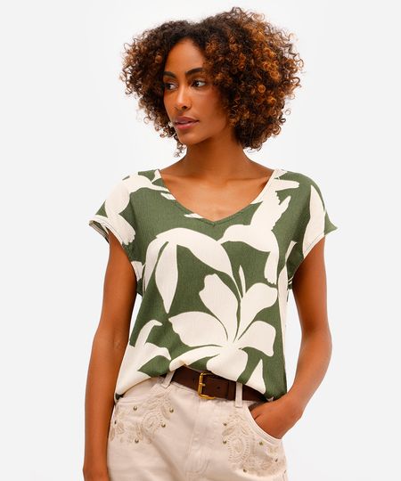 blusa feminina texturizada decote v folhagem verde GG