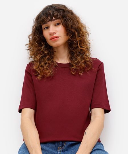 camiseta básica feminina de algodão peruano manga curta vinho M