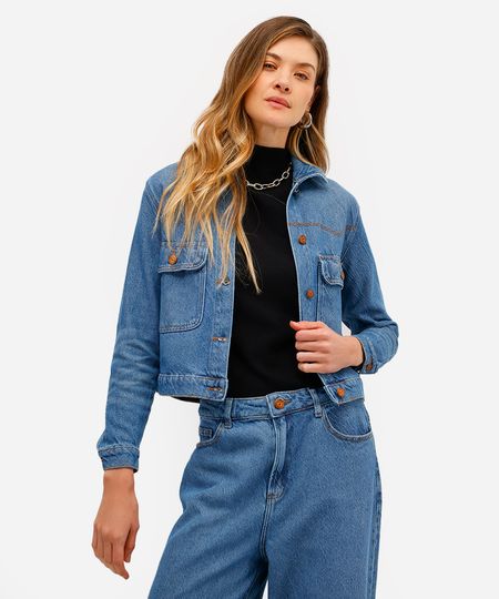 jaqueta feminina jeans texturizada azul M