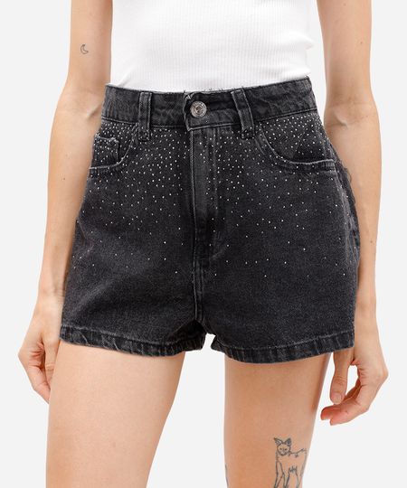 short feminino jeans com brilhos preto 40