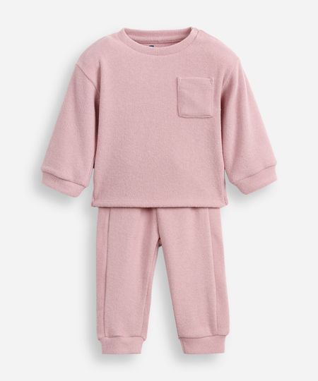 conjunto infantil longo de moletom canelado rosa 0-3