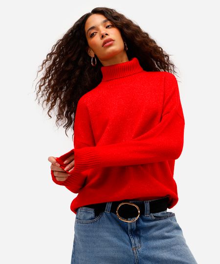 suéter básico feminino de tricot gola alta vermelho G