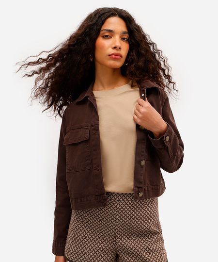 jaqueta cropped feminina de sarja marrom M