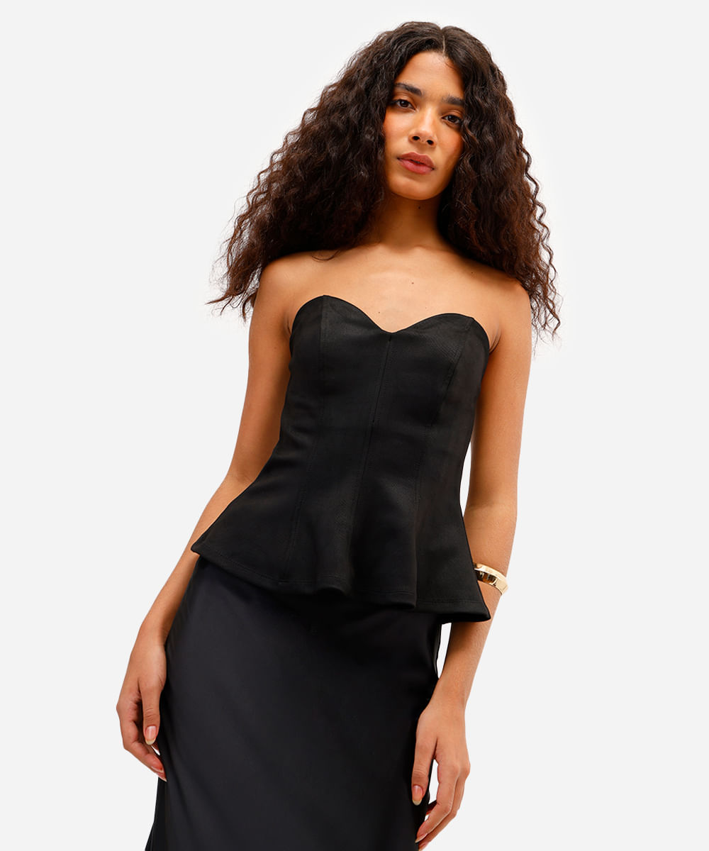 blusa peplum feminina sem alça de suede preta