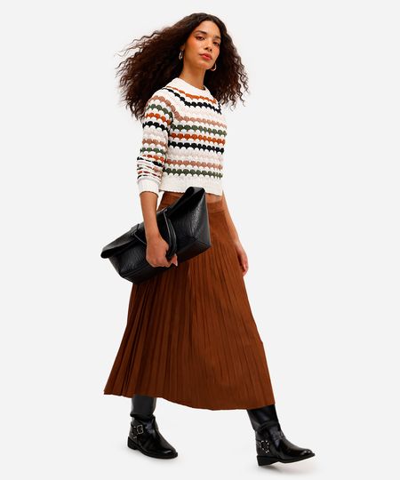 saia midi feminina de suede plissada marrom 34