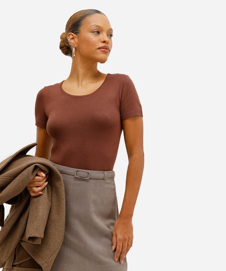 blusa baby look feminina de tricot com botões marrom M