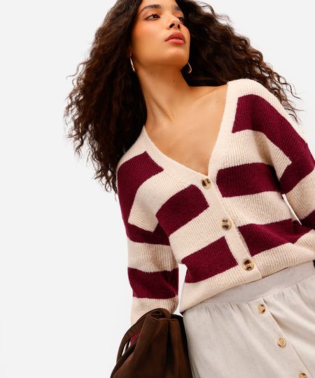 cardigan feminino de tricot listrado vinho M