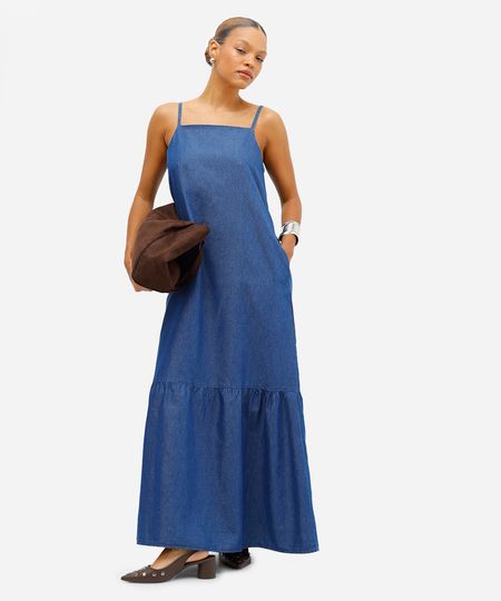 vestido longo feminino jeans alça fina azul M