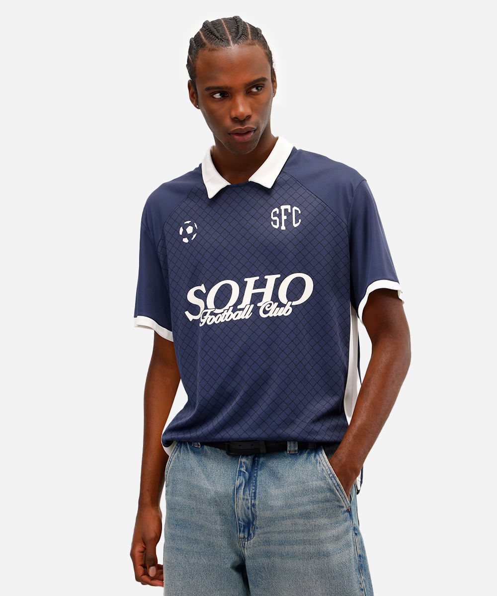 camiseta retrô unissex com gola manga curta soho azul