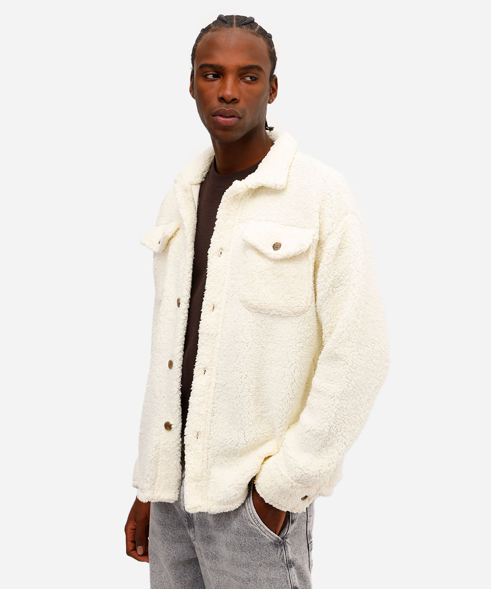 jaqueta masculina de sherpa com bolsos off white
