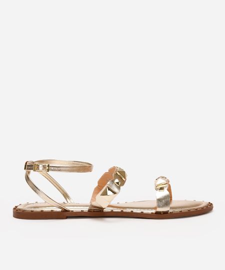 rasteira metalizada com tachas oneself dourado 39