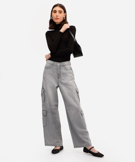 calça skater feminina jeans com bolsos cargo cinza 40