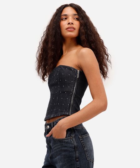 blusa feminina sem alça jeans com tachas preta GG blusa feminina sem alça jeans com tachas preta GG