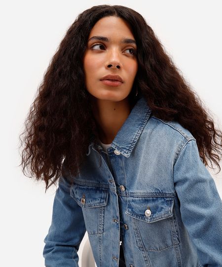 jaqueta cropped feminina jeans azul PP