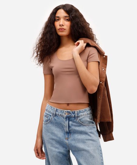 blusa baby look feminina de poliamida básica marrom M blusa baby look feminina de poliamida básica marrom M