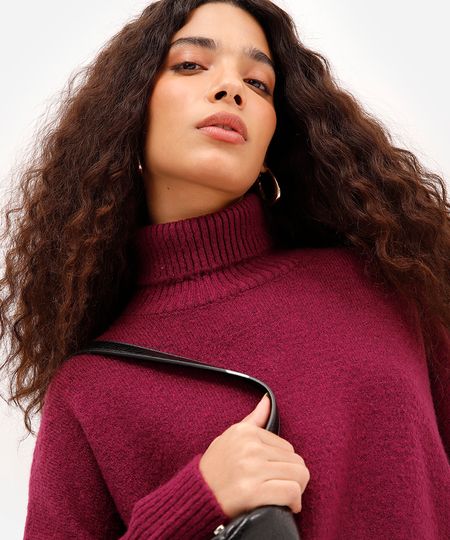 suéter básico feminino de tricot gola alta roxo P