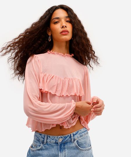 bata feminina de tule manga bufante com babados rosa P