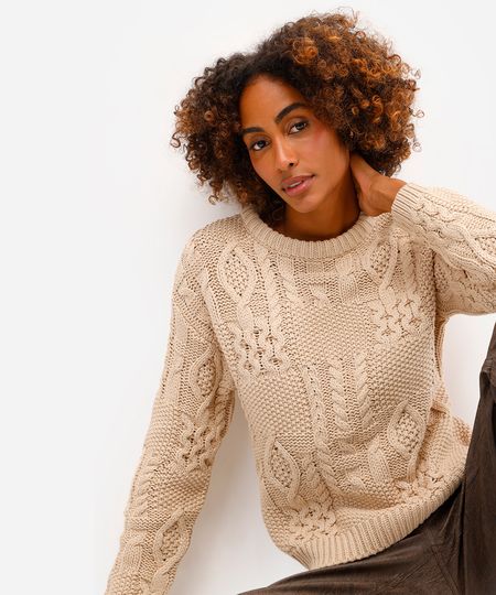 suéter feminino de tricot texturizado bege GG suéter feminino de tricot texturizado bege GG
