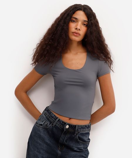 blusa baby look feminina de poliamida básica cinza PP