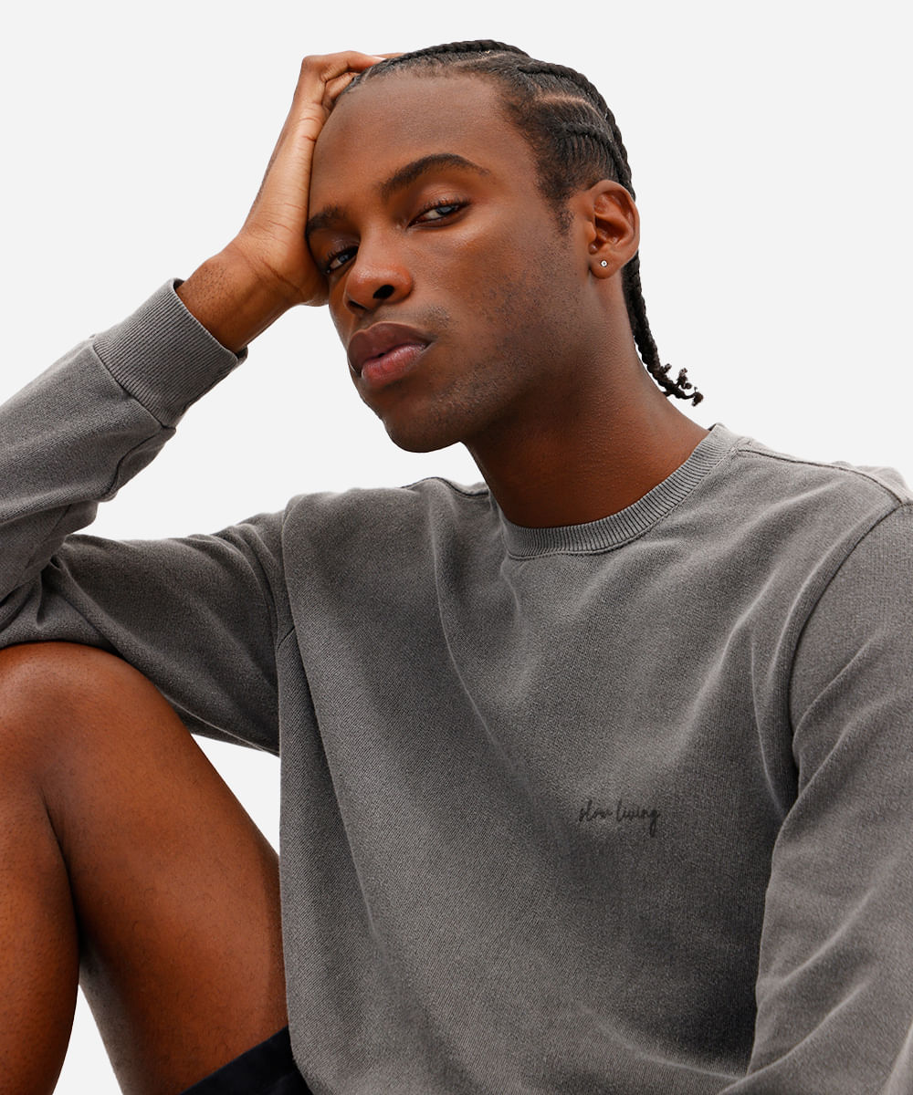 blusão masculino de moletom sem felpa estonado cinza