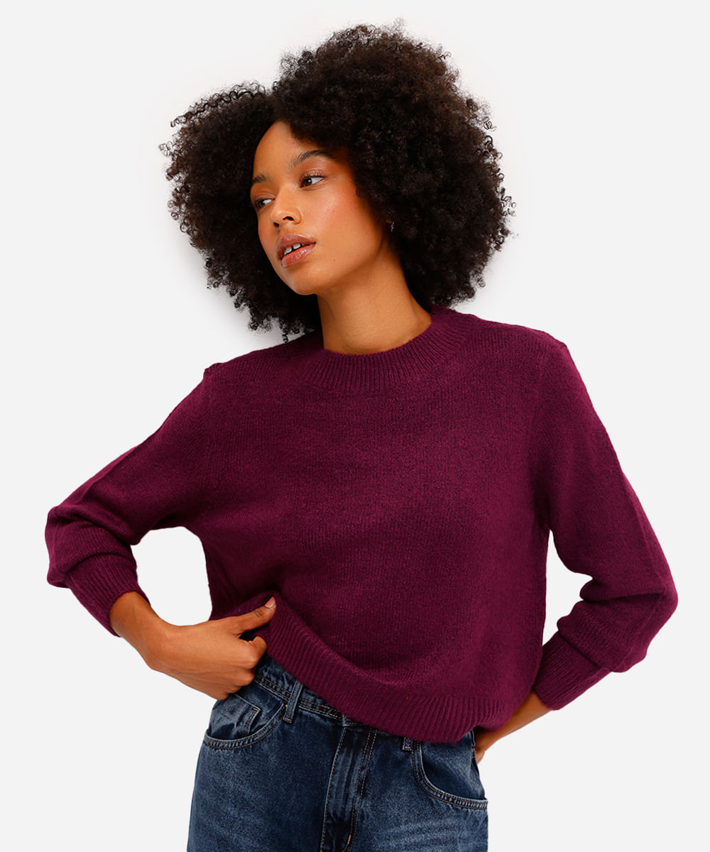 suéter básico feminino cropped de tricot roxo
