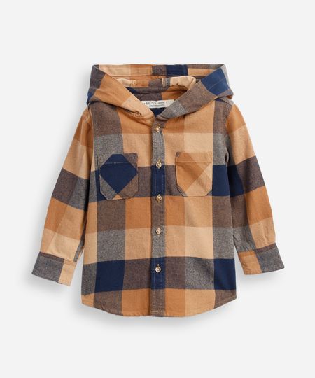 camisa de algodão infantil com capuz xadrez marrom 1 camisa de algodão infantil com capuz xadrez marrom 1
