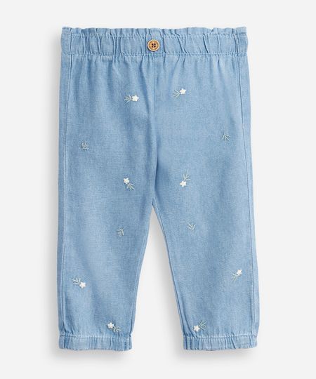 calça infantil jeans com bordado floral azul 3-6