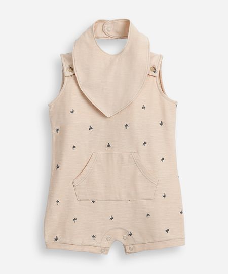 macacão curto de algodão infantil coqueiro com bandana bege 12-18 macacão curto de algodão infantil coqueiro com bandana bege 12-18