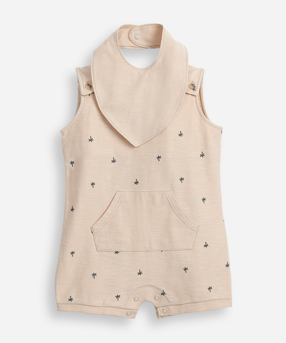 macacão curto de algodão infantil coqueiro com bandana bege