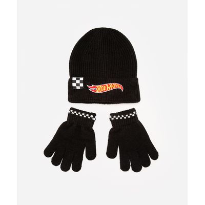 kit de tricot infantil hot wheels com gorro e luva preto