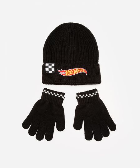 kit de tricot infantil hot wheels com gorro e luva preto UNICO kit de tricot infantil hot wheels com gorro e luva preto UNICO