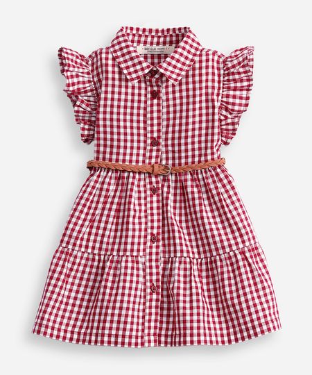 vestido infantil com recortes xadrez e cinto vermelho 4
