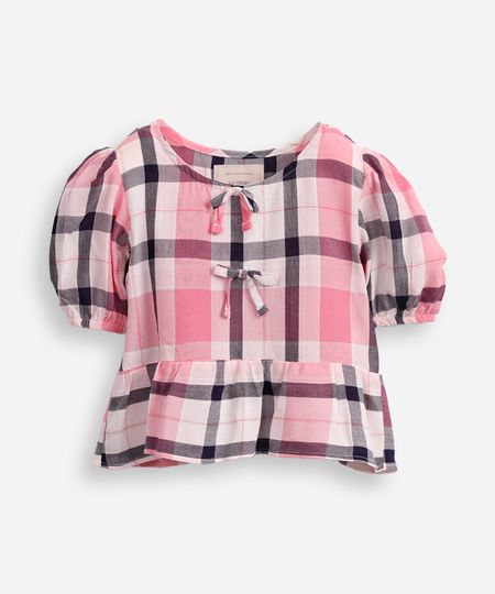 bata de viscose infantil manga bufante com laço xadrez rosa 8 bata de viscose infantil manga bufante com laço xadrez rosa 8