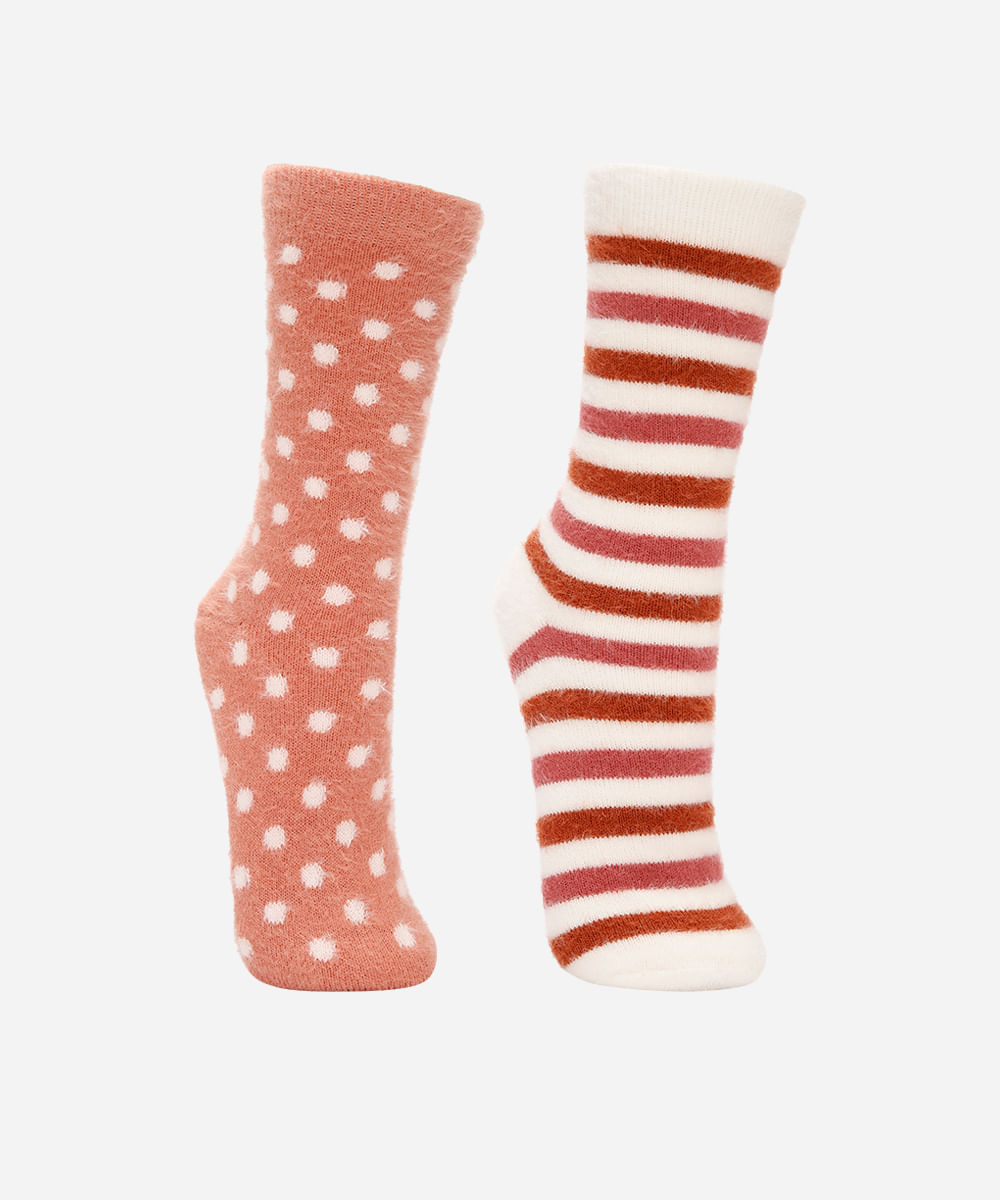 kit de 2 meias femininas cano alto tricot estampada colorida