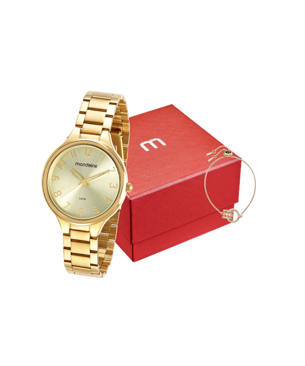kit relógio feminino mondaine 32418lpmvde1kc analógico dourado