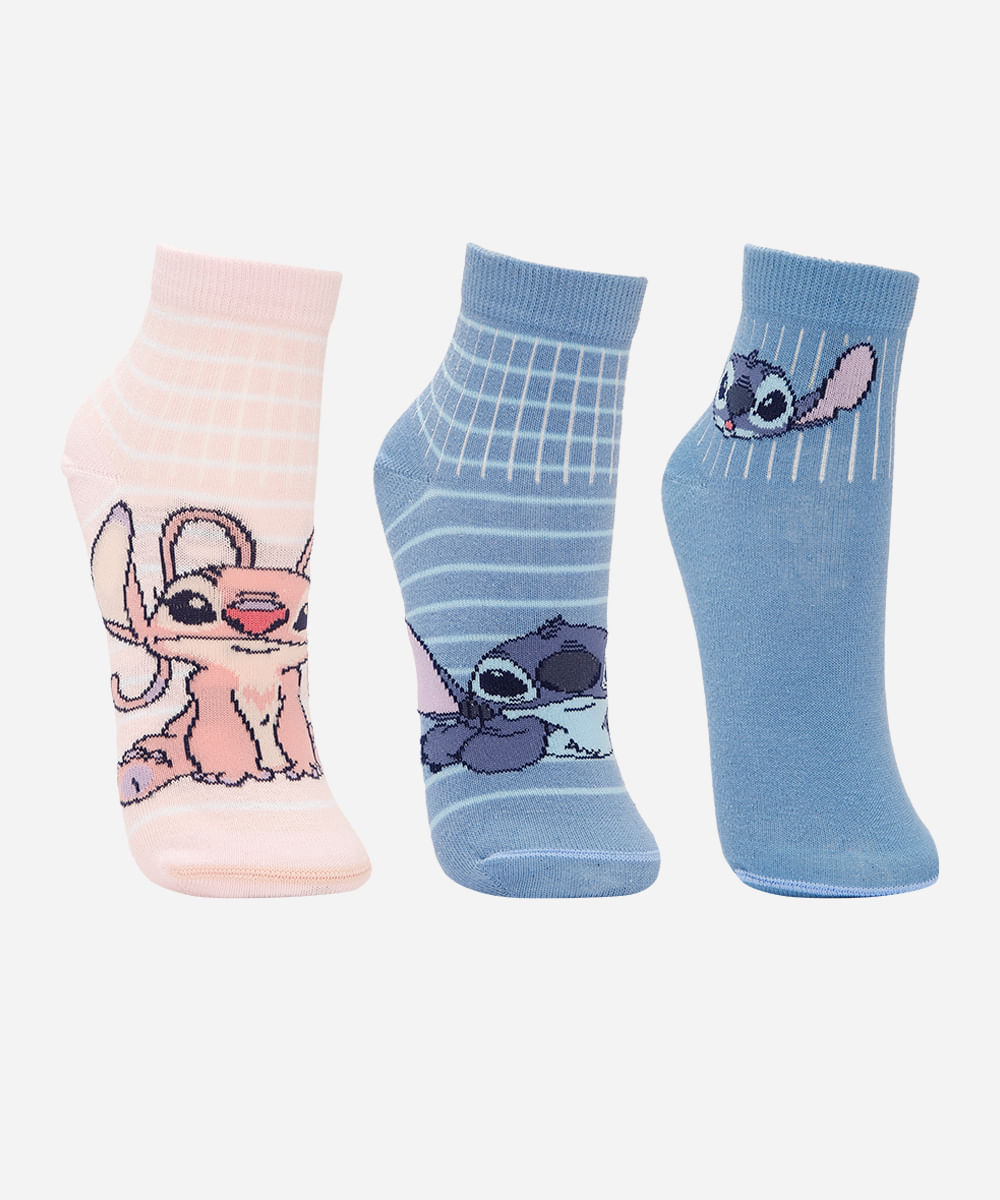 kit de 3 meias cano médio stitch colorida kit de 3 meias cano médio stitch colorida