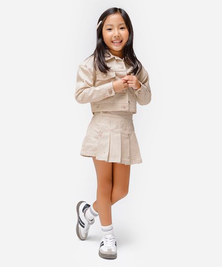 short saia plissada infantil sarja floral bege 6