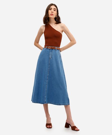 saia longa feminina jeans com cinto azul 34