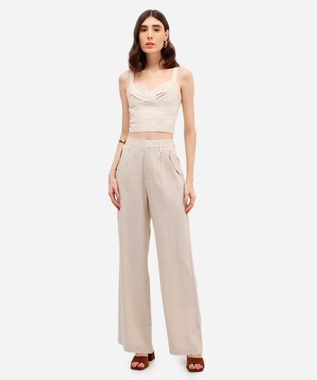 calça wide leg feminina com linho bege 42