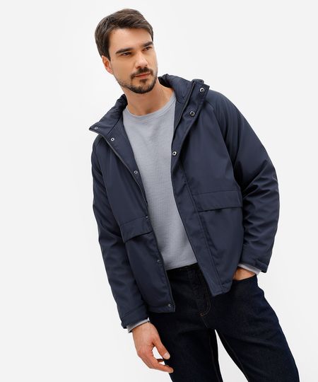 jaqueta puffer masculina com capuz e bolso azul M
