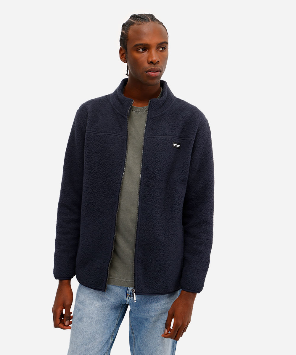 jaqueta masculina fleece com zíper azul