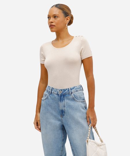 blusa baby look feminina de tricot com botões bege G