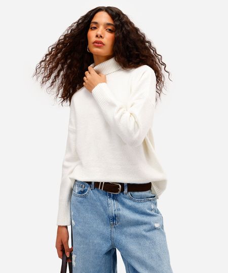 suéter básico feminino de tricot gola alta off white M