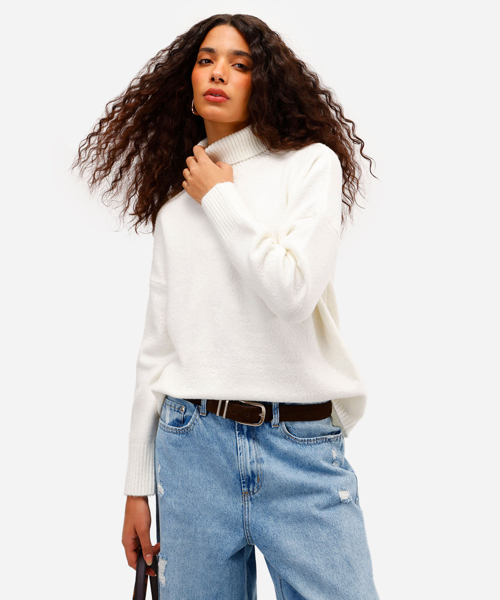 suéter básico feminino de tricot gola alta off white