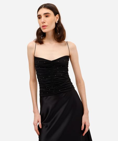 blusa feminina alça fina decote coração franzida com brilhos preta P