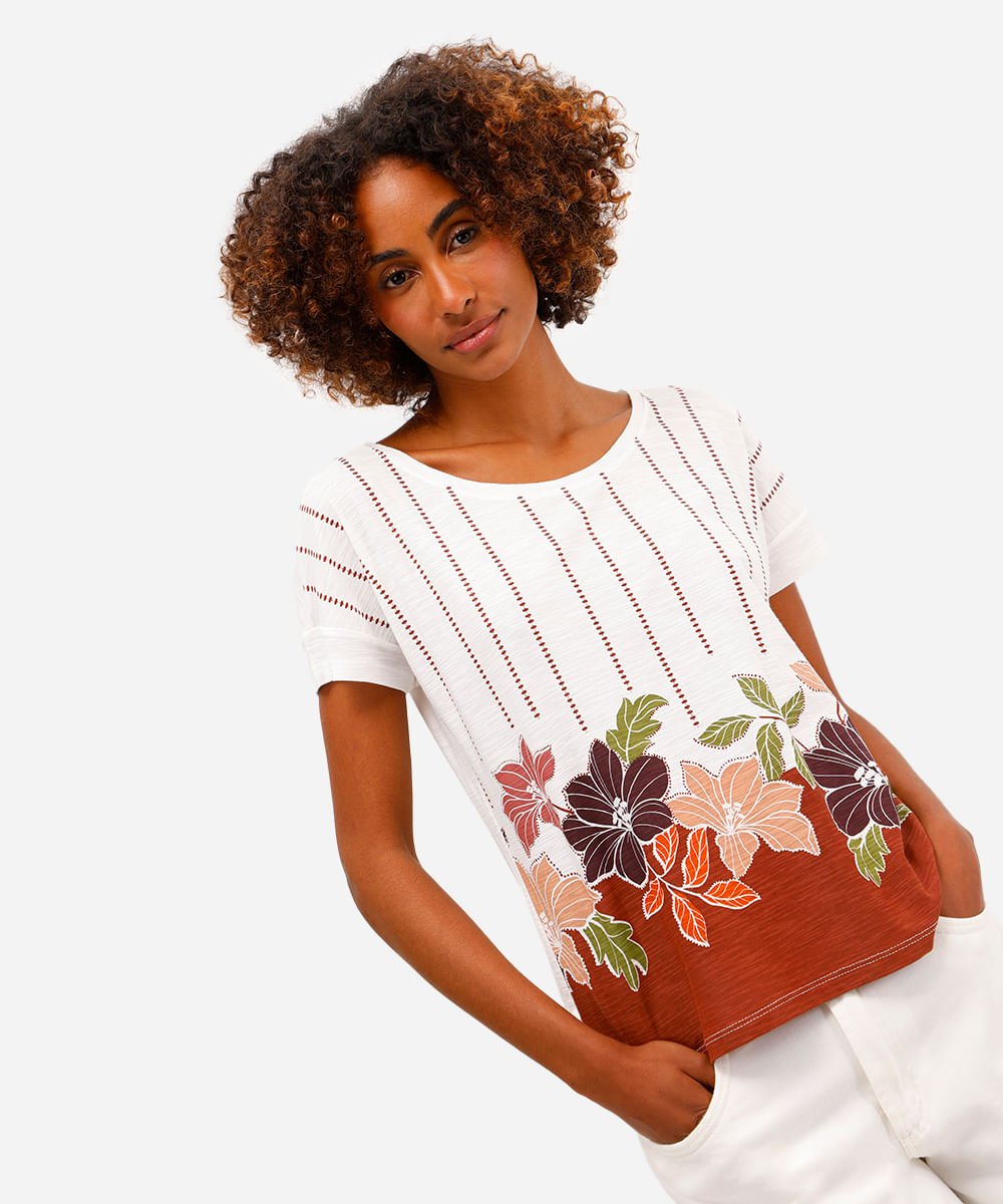 blusa feminina de algodão manga curta floral laranja