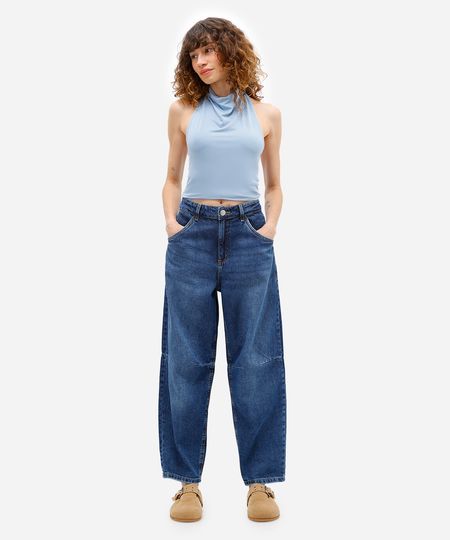 calça baggy feminina jeans cintura alta azul 38
