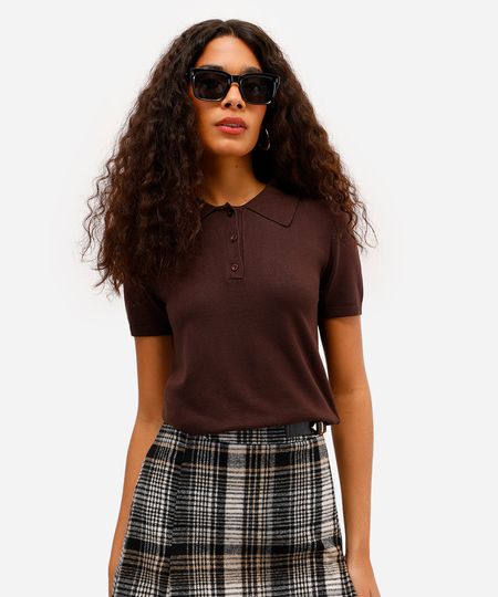 polo feminina de tricot manga curta marrom P polo feminina de tricot manga curta marrom P